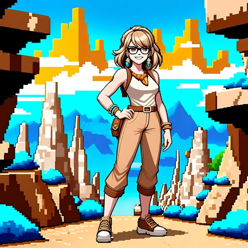 Prompt: (((SFW Image Only))), Safe, (((More Fantasy Looking))), 2D Style, SFW Body Only, Formal Outfit, (((Same Hair Color))), Same Look As Output Image, Perfect Background Composition, Safe Only, Same Composition, Perfect Composition, (((Prehistoric, Stonepunk, Cavewoman, Fully Clothed Only, Wholesome Smile))), Very Cute, Intricate, Beige and Yellow Aesthetic, Solo Only, Portrait, 1Woman, (((One Fully Clothed Woman In Picture, Emma Stone Inspired, Caucasian))) 20 Year Old, Ombre Hairstyle, Milder Looking, Intelligent Looking, Alternative Looking, Vivid Ivory Eyes, Hipster Wide Framed Glasses, Futuristic Cavewoman, Bones On Outfit, Prehistoric Aesthetic, Primal Aesthetic, Unique Pixelart Illustration, Pixelart Style, Pixelated, Vibrant, Lively, Colorful, Retro, 8 Bit, Synth, Retrowave, Nintendo Graphics, (((Daytime Only))), Happier Looking, Cityscape, Urban Looking Area Only, Rubble, Retrowave Stone City, Exciting, Nintendo Graphics, Cityscape, Rubble, Retrowave Stone City, (((Bedrock City Inspired Skyline))), Flintstones Inspired Bedrock City Background With An Insane Futuristic Aesthetic, Bedrock, Wholesome Looking Only, Friendlier Looking, Very Feminine Looking, Ladylike, Long Sleeved Cavewoman Romper Only, Same Aesthetic, Jagged Teeth On Pants, SFW Outfit, Cave Lady, Cavewoman Patterned Outfit, Rock Earings, Boulders, Stone On Shoulders, Slim, Stone Buildings, Arid Land, BC Inspired, Cavewoman Aesthetic, Modern Cavewoman, Patch On Shoulder, Desert City, Stone Aesthetic, Rocky Aesthetic, Perfect Facial Composition, Lentimas Town Inspired Background, Planet Earth, Pueblo Inspired Architecture, Arid Land Fantasy Desert City, The Croods Inspired, Eep Character Inspired, Grown Woman Only, Cute Smile, Very Neat Updo Hairstyle Only, Bangs, Perfect Finger Composition, White Woman, She Should Have Four Fingers and a Thumb, Fingers Should Be Perfect, Full Lips, Detailed Face, Cute, Stone Bracelet, Low Waist, Long Trousers Only, Primal Archer Queen Inspired, Posing, 1990's Looking, Futuristic Cavewoman Sneakers