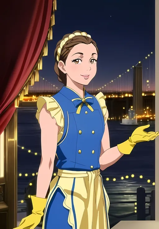 Prompt: Heartwarming, Adorable, Jasmine Cephas Jones in a Bellhop Outfit in San Francisco, Wearing a Bonnet, Detailed Face, Full Lips, Brown Victorian Medium Hairstyle, Grown Woman With Caramel Complexion, San Francisco Bay Background, Wearing a Bright Blue and Yellow Bellhop Outfit With Scarf, Brass Tinsels, Perfect Composition, Night Time, Seapunk, 25 Year Old, Cute Hot Face, Mixed Race, Short Braided Hair, Smiling, Small Chest, Thick Arms, Stocky Body, Lovely Looking Eyes, Golden State Warriors Blue and Yellow Aesthetic, Wearing Gloves, Brown Eyes, Detailed Face, Lovely Looking Sea Aesthetic, Blindspotting Show Inspired, Wes Anderson Scenario, Made By Squirt_rash_24.