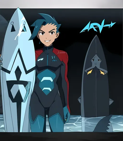 Prompt: SFW, Close Up, Same Composition, Sharkboy, Shark Prince, Adorable, Adolescent, Sharkboy From The Adventures Of Sharkboy and Lavagirl, Ben 10 Animation Style, High and Spiky Dark Slate Hair, Taylor Lautner, Full Body, Fully Clothed, Cute Face, Cute Smile, Full Lips, Detailed Face, Shark Cove, Water Aesthetic, Waves, Interesting, Jagged, Shark Jaws, Shark Aesthetic, Black Eyes, Light Tan Skin, Interesting Scales On Suit, Wearing a Samus Inspired Gray and Red Exosuit With Jagged Shark Aesthetic On Suit, Lithe Body, Strong Legs, Perfect Composition, Made By Squirt_rash_24.  