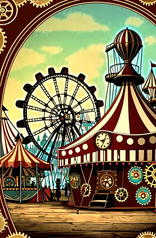 Prompt: SFW Only, Anime, Tents, Fairgrounds, Same Background, Circus Background, Steampunk Fantasy, Nobody In Background, Lovely Looking Animation Style, Cute Animation Style,  2D Style, More Fantasy Looking, Gears, Steampunk, Jules Verne Inspired, Happier Tone, Retro Circus Inspired, Victorian Inspired, Old School Patterns, Anacronistoc Technology, Perfect Composition, Same Composition, Old School Patterns and Textures, Old World Entertainment, Wonderous, Beige and Maroon Aesthetic, Carnival Aesthetic, John Atkinson Grimshaw Oil Painting Aesthetic, Lovely Looking, Aesthetic Background, Steampunk Carnival, Circus, Made By Squirt_rash_24.  