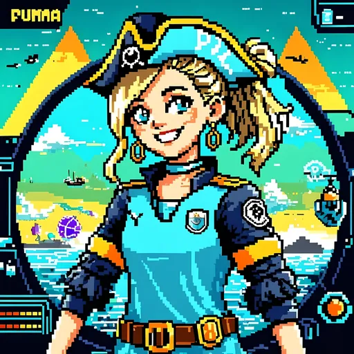 Prompt: SFW Only, Circumnavigation Aesthetic,  Wonderous, Minimalistic, She Needs To Look Like The Output Image, Bay, Lagoon, Beach Area, Pirate Aesthetic, Full Body, Portrait, 2D Style,  One Lovely Looking Woman In Picture, Chloe Kelly, Full Lips, Detailed Face, Platinum Blonde White Hairbun, Gray Eyes Only, Dark Eyebrows Only, Blue Pirate Hat, More Pirate Looking, Safe, Very Cute, Abstract, Very Unique, Pixelart Illustration, Exciting, Nostalgic, Brightened Picture, Unique Pixelart Illustration, Pixelart Style, Pixelated, Vibrant, Lively, Colorful, Retro, 8 Bit, Synth, Pixels, Retrowave, Nintendo Graphics, Heartwarming, Sportspunk (Made Up Genre), Oceanpunk Seapunk, Piratepunk, Happier Tone, Circle Aesthetic, Cute Animation Style, Same Composition, 2D Animation, Athlete, Pirate Aesthetic Background, Outside Of The Ship, Ocean, Seas, Water, Masterpiece, Safe For Work Images Only, Cute Pirate Woman, Wholesome Looking Only, Grown Woman Looking Only, Soccer Player, Western Animation Style, Fantasy, Cute Animation Style, Manchester City WFC, Football Kit, Older Looking, More Grown Up Looking, Pirate Inspired, Cannons, Modern Animation Style, Lovely Looking Animation Style, Grown Body, Skinnier Body Only, Colorful Soccer Stadium, Pirate Aesthetic, Pirate Ship Coastal Stadium, Pirate Fantasy, Futuristic Aesthetic, Soccer Facility Background, Very Stylish, Soccer Playing Pirates, Same Composition, Pirate, Gaiter, Regular Body,  Perfect Pirate Hat Composition, Messy Hairbun Only, Stunning Chloe Kelly, Cuter Face, Wearing a Pirate Themed Exosuit Jersey, Manchester City Logo On Outfit, Puma Logo On Outfit, Pirate Hoop Earings, Light Blue and Navy Blue Outfit, Double Blue Outfit, Collared Outfit Only, Slim, Tighter Body, Small Waist, Exosuit Jersey, Cute Smile, 26 Year Old, Full Lips, Football Archer Queen Inspired, Gears, Some Yellow On Outfit, Cute Body,  Caucasian, Retro Futuristic, Neon Stadium Background, White Woman, Inside Of The Stadium, Neon Lights     