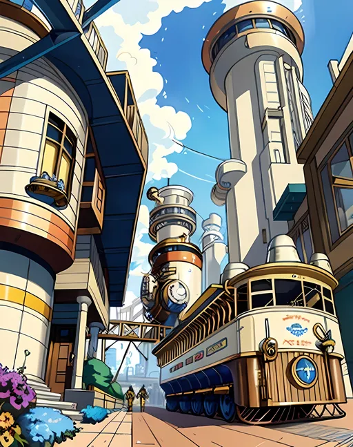 Prompt: SFW, Heartwarming, Nostalgic, Intricate Amazing Edwardian Steampunk City, Huckles Busytown Inspired, Colorful, Blocks, Squares, Retroville Inspired, Jetsons Orbit City Inspired, Happier Looking Only, Minimalistic Only, The Roaring 20's Aesthetic, Axels, Minimalistic,  Boilers, Furnaces, Pistons, Jules Verne Inspired Steampunk City, Retro Futuristic, Edwardian Architecture Only, Edwardian Futuristic Aesthetic, Light Aesthetic, Googie Architecture Aesthetic, Brass Technical Buildings, Buildings Should Be Made Of Brass, Unearthly Steampunk City, Joyful, Wondrous, Marvelous, Jules Verne Inspired, Trainyard, Intricate, Modern Animation Style, Colorful, Beautiful, Steampunk City Background, Brass and Blue Aesthetic, Edwardian Steampunk Monorail Train Station In Background, Ore Trains In Background, Retro Futuristic Buildings, Good Ore Train Composition Only, Brushstrokes