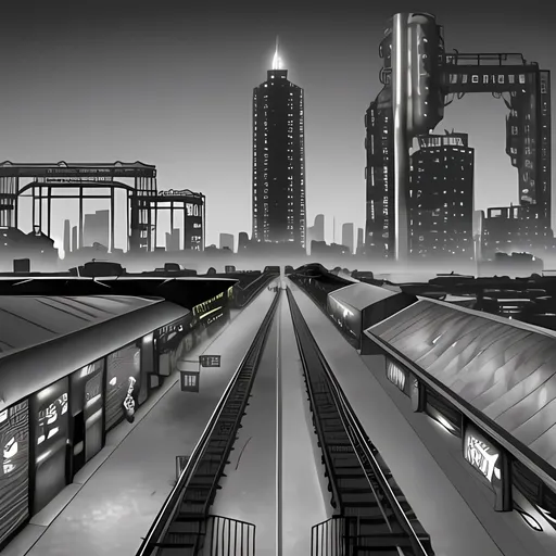 Prompt: Fantasy Subway Station, Industrial Park, Brooklyn Tower With Skyline, Dieselpunk, Black and White Aesthetic, Brooklyn Nets Black Opal and White Aesthetic Background, Made By Squirt_rash_24.