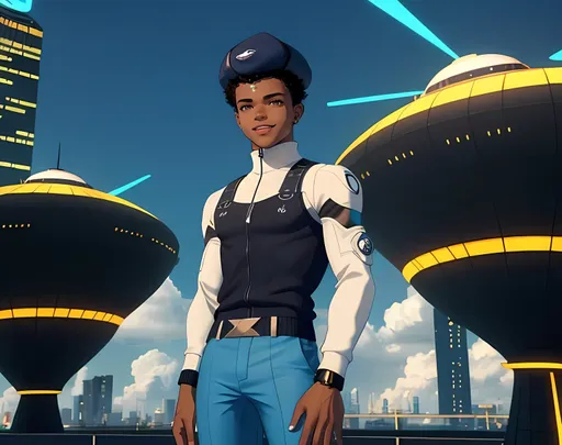 Prompt: SFW, Airpunk, Skypunk, Futuristic, Portrait, One Young Man In Picture, Same Skin Tone, Young Bachelor Looking, Thick Dark Eyebrows Only, Much Tougher Looking, He Should Look a Lot Like Trevor Jackson, Full Lips, Detailed Face, African American, Darker Skin Profile, Melanin, Cloud City, Jetsons Orbit City Inspired Background, Gentlemanly Looking, Racetrack, Atmospheric, Insane Futuristic Aesthetic, Cute Animation Style, SFW Outfit, Happier Looking, Smiling, Heartwarming, Short Very Curly Hair, Rocketboy, Aeronaut, Pilot Hat, Superhuman Aesthetic, 3D Style, Confident Looking, Trevor Jackson Hairstyle, Same Composition, Full Interesting Cute Iron Sweater Vest With Pants, Futuristic Belt, Grown Strong Body, Lithe Body, Perfect Hand Composition, Perfect Leg Composition, Bigger Athletic Legs, More Relaxed Clothing, Made By Squirt_rash_24. 