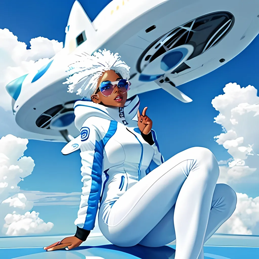 Prompt: SFW, Chrome Aesthetic, Insane Futuristic Aesthetic, Chrome Aesthetic, One Young Woman in Picture, Stratosphere and Atmosphere Aesthetic, Aerodynamic Aesthetic, Grown Body, Puffy Spacesuit Jacket Coat, Grown Woman Looking, Softer Body, Heaven Inspired Airborn Fantasy Cloud City Skyline, Puffy Cloud Like Outfit, Mixed African and Philippines Descent, Gabriella Sarmiento Wilson (H.E.R), African Descent, She Should Look Like Gabriella Sarmiento Wilson (H.E.R), Full Body, Regular Body, Perfect Composition, Same Composition, Black Woman Only, Aeronaut, Rocketgirl, Jetpack On Back, Futuristic, Light Blue Aesthetic City, Superhuman Aesthetic, Light Blue Shades, Interesting, She Should Have White Hair, Vivid Gray Eyes, Full Lips, Detailed Face, Lithe Body, Obsidian Futuristic Puffy Dress Coat, Airpunk, Skypunk