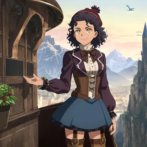 Prompt: SFW, Same Outfit, Perfect Composition, Same Composition, Burgundy and Steel Blue Aesthetic, Regular Pose, Alpine Aesthetic, Aerodynamic Aesthetic, Cute Animation Style, Lusher Face, Pretty, Otherworldly Intricate Steampunk Alpine City Background, Victorian Steampunk Air Balloons In Background, One Young Woman In Picture, Mixed African Descent, Grateful Looking, Adorable Smile, Cute Face, Adorable, Lovely Looking, Zazie Beetz, Full Lips, Detailed Face, Steampunk Alpinist, Fully Clothed, SFW Body, She Should Be Wearing A Beanie On Her Head, She Should Be Wearing a Jules Verne Inspired Dark Burgundy and Steel Blue Hiking Gear, She Should Be Wearing Bavarian Victorian Technical Clothing, Victorian Jacket, Stockings On Legs, Ice Climbers Inspired, Light Caramel Complexion, Brown Big Very Curly Frothy Afro, Yellow Eyes, Lithe Body, Strong Legs, Made By Squirt_rash_24.