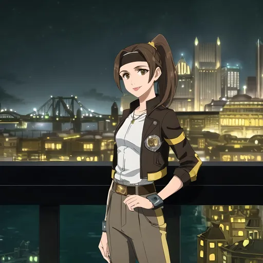 Prompt: (((SFW Image Only))), Same Outfit, (((Same Composition, Perfect Composition))), More Cartoon Looking, Wholesome Looking, Gold Aesthetic, 2D Style, Minimaliatic, Modern Looking, Dieselpunk, (((Perfect Background Composition With Trestles))), Cityscape, Safe, Nightime, Lovely Looking Animation Style, (((Same Hairstyle, Perfect Hair Composition))), Joyful, Milder Looking, Standing Up Straight, Posing, Lovely Looking, Cute, Perfect City Composition, Pittsburgh Inspired City Background, More Fantasy Looking, Insane Architectural Aesthetic, Perfect Hair Composition, Lavish, Portrait, (((Solo Only))), 1Woman, 1Adult, One Woman In Picture, Gaiter, Very Feminine Looking, Ladylike, More Manager and Mechanic Looking, Slim, Grown Body,  Relaxed, Well Maintained Physique, Stockier, (((Cute Smile))), Friendlier Looking, Alternative Looking, Lusher Face, 26 Year Old, (((Medium Ponytail With Parted Bangs))), Two Hands and Two Arms, She Should Have Four Fingers and a Thumb, (((She Should Look a Lot Like Grace Martine Tandon (Daya), Caucasian, Dark Brown Haired Only, Dark Brown Eyes, Full Lips, Detailed Face))), Edwardian, More Metallic Looking, Golden Age Period Inspired, Industrialists, Dieselpunk Pittsburgh Inspired, Cute Aesthetic, Yellow and Black Steelers Aesthetic, Steel Aesthetic, Gray Headband, Aesthetically Pleasing, Bomber Jacket, Undershirt, Perfect Hands, Correct Hands, Thicker, Slim Legs, Medium Waist, Trousers, Thighs Should Be Covered, Legs Should Be Covered, Gaiter, Necklace, Perfect Hands, Lights, John Atkinson Grimshaw Oil Painting Aesthetic