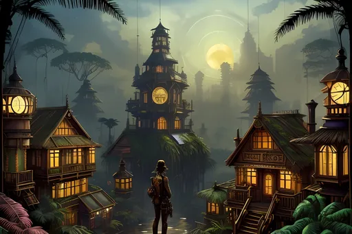 Prompt: Nobody In Background, Futuristic and Classic Steampunk, Neon Aesthetic, Lush, Lavish, High Contrast, Masterpiece, Junglepunk X Steampunk, Ewok City, Tropical Setting, Evening Sky, Lanturns, Watercolor, Jules Verne Inspired, Night, Village Skyline, Vibrant, Warm Looking Aesthetic Hues, Campfire, Stick Houses, Steampunk Houses Only, Dome, Neon Lights On Buildings, Brown Houses in Background, Beige and Yellow Aesthetic, Watercolor Aesthetic, Brushstrokes, Trees, Jungle, Large Trees, Jungle Inspired Bridge, Huts, Victorian, Interesting, Junglepunk Aesthetic, Steampunk Brass Tinsels,  John Atkinson Grimshaw Oil Painting Aesthetic, Made By Squirt_rash_24.  