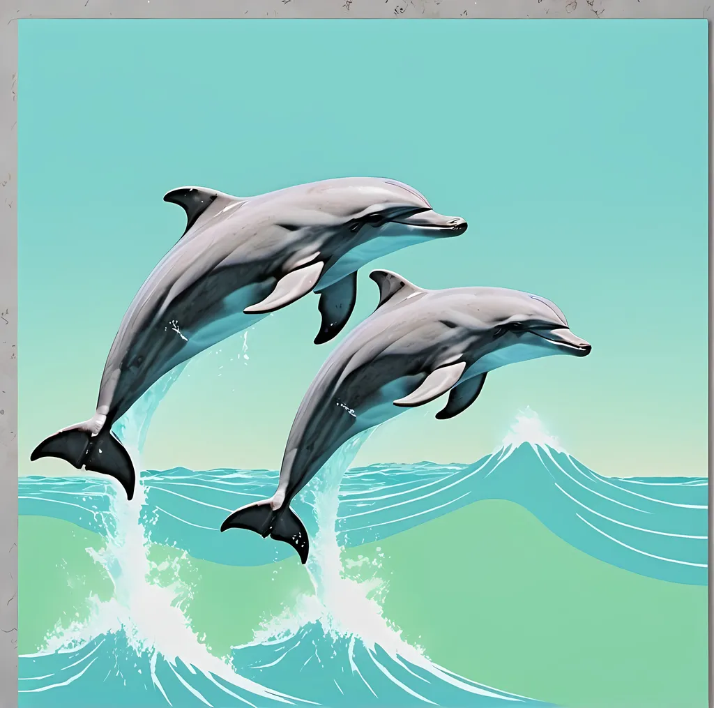 Prompt: 1980's Granite Textured Background, Pastel Blue and Green 1980's Synth Aesthetic, Synth Aesthetic, Dancing With Dolphins By Pholo Inspired, Two Gray Bottlenose Dolphins Jumping Out of Water, Sunny Day, Sea Cove 