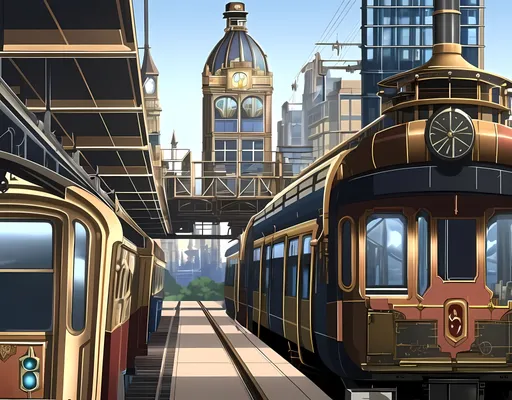 Prompt: Intricate Steampunk City With a Copper and Blue Aesthetic, Steampunk, Monorail, Trains, Victorian Steampunk Monorail Train in Background, Victorian Steampunk Train Station in Background, Made By Squirt_rash_24.