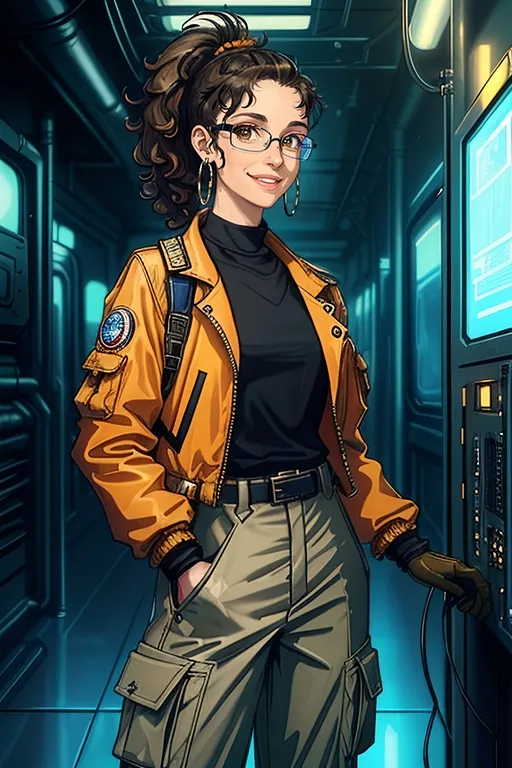 Prompt: SFW Only, (Safe For Work Image Only, Very Wholesome Style, Work Area, Minimal Aesthetic, G Rated, Rated E, SFW Aesthetic, Safe, Milder Looking, Neck Tube, SFW Eyes), (Dieselpunk), Ironworks Background, Retro Cyberpunk Inspired, Lovely Looking Aesthetic, Workwear, Steampunk Inspired, (Solo Only), 1Woman, Older Aesthetic Only, Caring Looking, (Poofier Hairstyle, Ponytail, Edges, Scrunchie, Hairclip Only, Cute), More Engineer Mechanic Looking, One Woman In Photo, (Ana De Armas Inspired, Cuban and Spanish Descent), Very Wholesome Looking Only, Very Feminine Looking, Curly Fluffier Looking Hairstyle Only, Intelligent Looking, Jet Black Hairstyle Only, Glasses, Vivid Gray Eyes Only, Hoop Earings Only, Paneled Windows, Technical Aesthetic, (Slighter Frame), Minimalistic, Real World, Beige and Orange Aesthetic, (Futuristic, Technology, Hoop Earings Only, Friendlier Looking, Clean Looking Floors, Gloves, Soulful, Modern Animation Style, Y2k Aesthetic Clothing Only, Cargo Pants, Long Sleeve Shirt), Colorful, 2D Style, Lovely Looking Animation Style, (William Gibson's Neuromancer Inspired, Cyberpunk Aesthetic), Pneumatic Tubes, Modern Aesthetic,  Wholesome, (Colorful, John Atkinson Grimshaw Oil Painting Aesthetic), Holding An Apparatus, Same Light Gray Jacket, Very Feminine Looking, Interesting, Blazing Fire Aesthetic, Magestic, Heroic Looking Only, Soft Lady Aesthetic, 2D Style, Steampunk Aesthetic Background, Arm Sleeves, Trousers, Looser Baggier Clothes, Western Animation Style, Happier Looking, Joyful, Smiling, Teeth Showing In Smile, Fantasy Worker, Full Lips, Detailed Face, (Older Twenties, 29 Year Old, Spanish Cuban Background Only, Light Tan Skin Composition Only), Colorful, Warm Aesthetic Hues, Armored Clothing, Medium Hairstyle Only, Parted Hair, Longer Bangs, Follows Prompt Exactly, Same Composition, Cheerful, Lovely Looking, Grateful Looking Only, With a Cute Smile, Sweet,  Geared Clothes, Lithe, Undershirt, Long Sleeve SFW Shirt