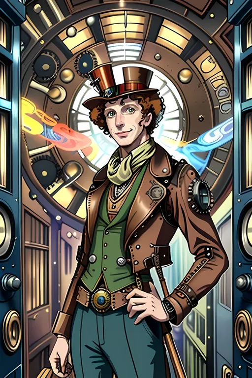 Prompt: SFW, ((SFW Image Only))), He Needs To Look Like The Output Image, 2D Style, More Bubbly Looking Animation Style, Male Body Type Only, 1970's Inspired, Young Tom Baker Inspired, Retro Doctor Who Inspired, Safe, (((Safe For Work Body Only))), G Rated Art, Happier Looking, General Audience Content, (((Very Wholesome Looking Only))), Lively, Joyful, Colorful, Vivid, H.G. Wells Inspired, Jules Verne Inspired, (((Steampunk Inspired, Steampunk Aesthetic))), Unearthly British Style Houses In Background, Doctor Who Inspired, (((Aesthetic Background))), Portrait, One Fully Clothed Man In Picture, Alternative Looking, Fantasy Cap On Head, He Needs To Look Younger, Perfect Eye Composition, Looking At Viewer, Smiling, Young Aesthetic, Slim, Longer Arms, Red and Green Patterned Scarf, Fourty, 40 Year Old,  Cute Animation Style, Adult Male Composition Only, Relaxed Looking, Grateful Looking, Smiling, British Looking, Very Happy Looking, Retro Futuristic, (((Tom Baker Inspired, Caucasian))), The Fourth Doctor Who Character Inspired, Retro Doctor Who Season 12 Inspired, Wearing An Exosuit Vest, Jules Verne and H.G. Wells Inspired Outfit, (((British))), Grown, Strong, 
 Athletic Arms, Young Face, Cute Man, Lithe, Athletic, Holding An Apparatus, Medium Hairstyle, Light Brown Curly Hairstyle, Burgh Trainer Inspired, Gray Eyes Only, Forehead Visible, Posing, Belt and Buckle, Black Trousers, Old School Footwear