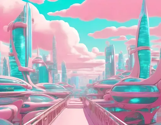 Prompt: Nobody Else In Background, Pastel Pink and Turquoise Aesthetic, Fantasy City In Sky, Walkways, Platforms, Cute Animation Style, Fantasy City In Sky, Walkways, Platforms, Atmospheric, Large Futuristic Buildings, Enormous Heaven Inspired Cloud City Inspired City Skyline, With Pink Looking Futuristic Buildings, Jetsons Orbit City Inspired Background, Bright Clear Skies, Clouds In Background, White Aesthetic, Chrome Aesthetic, Futuristic Skypunk Cloud City, Foggy Orbit City Inspired, Foggy Haze in Background, Futuristic Skypunk, 3D Style, Air Aesthetic, Brushstrokes, Interesting, Vivid, Realistic, Cool Looking, Made By Squirt_rash_24.  