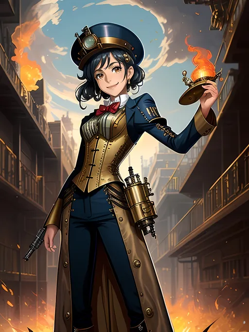 Prompt: Minimalistic, Steampunk Background Only, Safe, Appropriate Looking Only, Formal Work Inspired Image, Must Be Covered With Anacronistic Technology and Long Sleeve Shirt, SFW Only, Portrait, One Fully Clothed Woman In Picture, Appropriate Pose Only, Steampunk Apparatus, Steampunk Hat Only, Good Kind Looking, Fully Clothed Only, Big Dress That Is SFW Only, Steampunk, Dieselpunk, Interesting, Jules Verne Inspired Outfit With Technical Steampunk Corset, Flamenco Inspired Outfit, Ana De Armas Inspired, She Is Spanish and Cuban Only, Latina, Full Lips, Detailed Face, Very Wholesome Looking Only, Mature Face, Red Eyes Only, No Makeup, Tropical, Technical, Colorful, Adorable, Fun, Wholesome, Brass Tinsels, Heartwarming Only, Skyline, Gears, Mehanics, More Steampunk Looking, SFW Face Only, 2D Style, SFW Outfit, Arm Sleeves, Perfect Finger Composition, Hands Should Be Lowered, Gaiter, Lovely Looking Animation Style, Exosuit, Western Animation Style, Happier Looking, Joyful, Smiling, Lusher Face, Firegirl, Full Steampunk Brass and Blue Long Sleeve Suit Only With Larger Steampunk Brass Battle Dress, Long Dress, Same Composition, Perfect Composition, 20 Year Old, Spanish Cuban Background Only, Tan Skin Composition Only, Flames, Colorful, Lush, Lavish,  SFW Pose Only, Armored Exosuit Only, Jet Black Neat Looking Romantic Tuck Hairstyle Only, Bangs, Same Composition, Fire Demigod Inspired,  Fire Maiden Inspired, Hestia Inspired, Cheerful, Grateful Looking Only, With a Cute Smile, Steampunk Gear On Outfit, Pin Hairclip On Hair Only, Small Chest, Small Waist Only, Undershirt, Bowtie, Two Arms and Two Legs