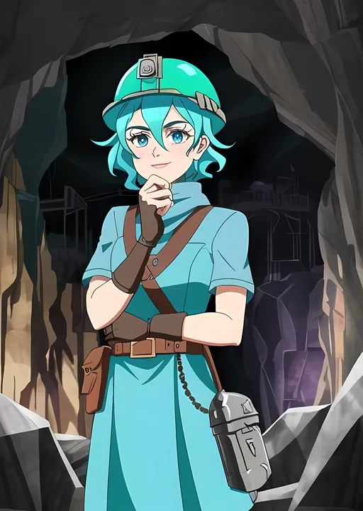 Prompt: SFW, Colorful Mineshaft Cave, Mika Abdalla, Greek Descent, Wholesome Looking, Mining Factory Conservation Facility Background, Same Composition, Same Outfit, Cloak On Outfit, Big Round Interesting Eyes, Big Gaiter, Same Hairstyle, Short Very Curly Slate Blueish Medium Romantic Tuck, Dieselpunk Worker, Blue Mining Outfit, Fantasy Cave, Stunning Mika Abdalla, Cute Smile, 23 Year Old, Full Lips, Detailed Face, Clash Royale Bandit Inspired, Gears, Construction Hard Hat, Dieselpunk Fantasy Miner, Jade and Brown Aesthetic, Some Turquoise On Outfit, Dieselpunk Retro Futuristic, Brown Rocky Cave Background, Inside of the Cave, Gems 