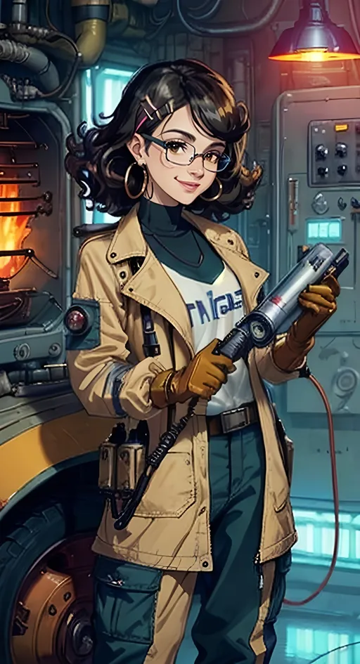 Prompt: SFW Only, (Safe For Work Image Only, G Rated, Rated E, SFW Aesthetic, Safe, Milder Looking, Neck Tube, SFW Eyes), Cyber Aesthetic, (Dieselpunk), Ironworks Background, Retro Cyberpunk Inspired, Cute Aesthetic, Workwear, Steampunk Inspired, Atompunk Inspired, 1Woman, Older Aesthetic, Caring Looking, (Hair Should Be Out Only, Edges, Hairclip Only, Cute), More Engineer Mechanic Looking, One Woman In Photo, (Ana De Armas Inspired, Cuban and Spanish Descent), Very Wholesome Looking Only, Very Feminine Looking, Messy Curly Fluffier Looking Hairstyle Only, Intelligent Looking, Jet Black Hairstyle Only, Glasses, Vivid Gray Eyes Only, Hoop Earings Only, Same Aesthetic, Paneled Windows, Technical Aesthetic, (Slighter Frame, Warm Plasma Aesthetic, Warm Chrome Aesthetic), Minimalistic, Real World, Beige and Orange Aesthetic, (Fire Resistant Technology, Hoop Earings Only,  Clean Looking Floors, Fireproof Clothes, Gloves, Soulful, Modern Animation Style, Y2k Aesthetic Clothing Only, Cargo Pants, Long Sleeve Shirt), Colorful, (Nerd Aesthetic Only), 2D Style, Lovely Looking Animation Style, (William Gibson's Neuromancer Inspired), Pneumatic Tubes, Modern Aesthetic,   Wholesome, (Colorful, John Atkinson Grimshaw Oil Painting Aesthetic), Holding An Apparatus, Same Light Gray Jacket, Very Feminine Looking, Interesting, Blazing Fire Aesthetic, Magestic, Heroic Looking Only, Soft Lady Aesthetic, 2D Style, Steampunk Aesthetic Background, Arm Sleeves, Trousers, Looser Baggier Clothes, Western Animation Style, Happier Looking, Joyful, Smiling, Teeth Showing In Smile, Fantasy Pyrotechnician, Full Lips, Detailed Face, (29 Year Old, Spanish Cuban Background Only, Light Tan Skin Composition Only), Flames, Colorful, Warm Aesthetic Hues, Armored Clothing, Medium Hairstyle Only, Parted Hair, Follows Prompt Exactly, Same Composition, Cheerful, Lovely Looking, Grateful Looking Only, With a Cute Smile, Sweet,  Geared Clothes, Lithe, Undershirt, Long Sleeve SFW Shirt, She Is Incredibly Proficient At Controlling Fire,  Flaming Wheel In Background 