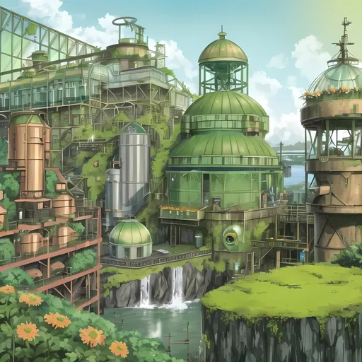 Prompt: Verdant Mossy Emerald Dieselpunk Conservation Oceanside Eco Facility, Soft Dieselpunk, Rustic, Colorful, Green Dome, Rust Covered Factory, Greenhouses, Stone Slab Quarry Next to Water, Cell Tower, Observatory, Orange and Green Shades, Orange Flowers, Daisys, Lavish