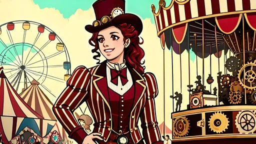 Prompt: SFW Only, Anime, Fit Steampunk Athlete, Lovely Looking Animation Style, Cute Animation Style, Woman, Safe For Work Images Only, Portrait, 2D Style, SFW Body, Same Hair Color, More Fantasy Looking, Gears On Body, Steampunk, Jules Verne Inspired, Athlete, One Grown Woman In Picture, Striped Athletic Outfit, Wholesome Looking Only, 29 Year Old, Hands Should Be Lowered, Big Smile On Her Lips, Steampunk Gears On Outfit, Anacronistic Technology On Outfit, Geared Outfit, Austrian Descent, Medium Hairstyle, Old School Athlete, Katie Sandwina Inspired, Beige and Maroon Exosuit Outfit, Long Trousers Only, Cute Red Eyes, Fantasy Outfit Only, Perfect Hand Composition, Honey Colored Victorian Hair, With a Bag On Her Shoulder, Strongwoman, Lithe Body, Athletic Body, Cute Body, Bodybuilder, Bigger Torso, No Makeup, Happier Tone, Retro Circus Inspired, Victorian Inspired, Caucasian,  Old School Patterns, Perfect Composition, Same Composition, Old School Patterns and Textures, Old World Entertainment, Wonderous, Beige and Maroon Aesthetic, Carnival Aesthetic, John Atkinson Grimshaw Oil Painting Aesthetic, Lovely Looking, Aesthetic Background, Steampunk Carnival, Circus, Made By Squirt_rash_24.  