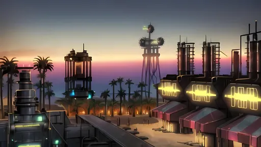 Prompt: Dieselpunk Fantasy Neon Opal Factory, Colorful, Picturesque, Dieselpunk, Trestles, Generators, Black Sandy Beach, Minimalistic, Pistons, Beach, Palm Trees, Los Angeles Inspired, Unearthly Intricate City, Brass Tinsels, Gears, Dieselpunk Emporium, 2D Animation, Fantasy, Cream and Black Aesthetic, Made By Squirt_rash_24 