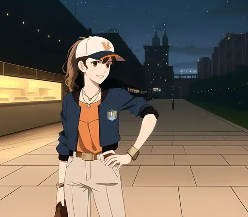 Prompt: (SFW), (SFW Image Only), Same Aesthetic, (Safe For Work Image Only, Safe, Sand Tower, Modern Animation Style,  Dieselpunk, Sandpunk Inspired, More Fantasy Looking), Same Style, (Solo Only, Sandstone, Sandier Looking,  Orange Scrunchie, Looser Baggier Clothing, Undershirt, Wholesome, Modern Buildings, American Animation Style, Cartoon Aesthetic, Realistic, Dark Brown Hair Only, Wavy Bangs), Heartwarming, Ivory Sand Buildings, Gift Shops, Lovely Looking Aesthetic), 2D Animation, (((Fantasy Virginia Inspired, Same Composition))), Wondrous, More Cartoon Looking, Lively, Bronze Copper Orange Aesthetic, (Virginia Inspired Skyline, Lithe, Athletic, Slighter Frame), Ivory Aesthetic City, Gold and Reddish Bronze Aesthetic, White Lights, 2D Style, (((Very Minimalistic, Smiling, Baseball Cap, Maiden Looking))), Modern Looking, Dieselpunk,  (((Perfect Background Composition))), Cityscape, Safe, Calm Looking, Nightime, Sleek, Lovely Looking Animation Style, Soft Lady Aesthetic, Joyful, Milder Looking, Standing Up Straight, Virginia Inspired City Background, Very Feminine Looking, Lavish, (((Solo Only))), 1Woman, One Woman In Picture, (((Julia Antonelli Inspired, Caucasian, Medium Hair, Brown Eyes, Full Lips, Detailed Face))), Edwardian, Lovely Looking,  (Proud Looking, Gaiter, Very Feminine Looking, Ladylike), More Mechanic Looking, Lithe, Slighter Frame, Hoop Earings, Relaxed, Skinnier, Athletic, Friendlier Looking, Alternative Looking, Lusher Face, 22 Year Old, (((Ponytail, Wavy Bangs))), More Metallic Looking, Gilded* Age Period Inspired, Industrialists, Dieselpunk Virginia Inspired, Italian Descent, Orange and Gray Virginia Squires Aesthetic), Greaser Aesthetic, Beige Blue and Dark Red Orange Aesthetic, Pretty, Calm Looking, Some Iron On Fantasy Bomber Jacket, Iron Belt and Buckle, Undershirt, Correct Hands, Business Casual, Gaiter, Necklace, Perfect Hands, Brick Wall, Minimal Aesthetic, Lights, (((Iron Bracelets))), White Woman, John Atkinson Grimshaw Oil Painting Aesthetic