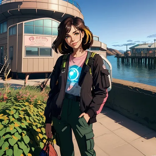 Prompt: SFW, (((Safe For Work Image Only))), Futuristic, Sketch, Very Wholesome Looking, 2D Style, Modern Animation Style, Minimalistic, (((Cel Shaded))), Same Outfit, Same Style, Same Composition, Perfect Composition, Same Background, Perfect Background Composition, Oceanpunk Seapunk, Dieselpunk Inspired, Retro Futuristic, Brown Building In Background, Dieselpunk Apparatus, Boilers, Furnaces, Pistons, Wonderous, Exciting, (((Solo Only))), Portrait, One Fully Clothed Woman In Picture, She Needs To Look Older, Grown, Strong, Grown Woman Looking, Some Skin Tone, Friendlier Looking, Twenty, 20 Year Old, Brooklyn Moors Inspired, Lighter Skin Profile, Mixed, Athlete, Worker, Same Hairstyle, Shoulder Length Hairstyle, Standing Up Straight, SFW Facial Composition Only, (((Dark Brown Black Medium Ombre Hairstyle Only, Yellow Streaks On Hair, Dark Brown Eyes Only, Calm, Mellow, Interesting, Wholesome Smile, Looking At Viewer, She Needs To Look Like The Output Image, Pink Lips))), Perfect Hair Composition, Forehead Should Be Visible, (((American Animation Style))), Regular Pose, Very Feminine Looking, Colorful Aesthetic, Retro Futuristic Marine Life Observatory Background,  (((Futuristic Aesthetic, Red and Brown Observatory Building, Interesting Fantasy Aquarium Background, Eco Conservation Facility))), Finding Dory's Marine Life Institute Inspired Background, (((Morro Bay California Inspired Background))), Marina, Technical Aesthetic With Some Greenery, Orchard, (((She Should Be Wearing Sport Utility Clothing, Looser Baggier Clothing Only, Strap Bag On Shoulders, Cargo Pants))), Stockier, Cute Body, Medium Waist, High Waist, Pretty, Straps On Clothing, She Should Look a Lot Like Brooklyn Moors, Canadian, Lively,  Grateful Looking, Soulful, Lovely Looking, Full Lips, Detailed Face, 2D Animation Only, John Atkinson Grimshaw Oil Painting Aesthetic