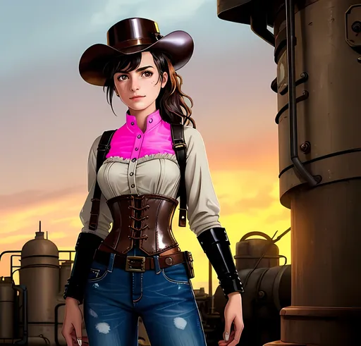Prompt: SFW, Desertpunk, Adorable, Dieselpunk, Boilers, Furnaces, Ironworks, Gadgets, Edwardian, Fantasy, Pistons, Interesting Background, Wild West Inspired Background, Portrait, One Young Woman In Picture, Confident Looking, Fully Clothed, 24 Year Old, Megan Lawless, Cowgirl Engineer, More Iron On Outfit, Some Heavy Metal On Outfit, She Should Have Some Neon On Outfit, Perfect Cowgirl Hat Composition, Pistons On Outfit, Mechanic, SFW Body, Brown Eyes, Beauty Mark, Flowing Dark Brown Black Hair, Full Lips, Detailed Face, Asian, Lighter Skin Profile, Cute, Very Lovely Looking, More Metallic Looking Outfit, Wearing a Pink and Neon Orange Colored Dieselpunk Cowgirl Outfit, Gaiter, Corset On Body, Well Maintained Figure, Fully Formed Body, Sturdier Body, Thicker Body, Jeans On Legs, Strong Legs