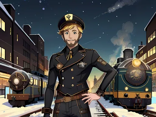 Prompt: SFW Only, Insane Steampunk Aesthetic, Cute, Intricate, Same Face, Arctic World, Steampunk Only, Great Blizzard Of 1888 Inspired, Urban Looking, Arctic Fantasy, Steampunk, Market City Skyline Background, Jules Verne Inspired Steampunk Only, Cute Shops, Perfect Composition, Polar Vortex, Outside Only, North Pole Inspired Background, Train Station In North Pole, Nightime, Snowy, Blizzard, Perfect Composition, Same Composition, Same Body, Futuristic And Classic Steampunk, Albert Robida's Le Vingtième Siècle: La Vie Électrique (The Electric Life) Inspired, Portrait, One Man In Picture, Charlie McDowell, 26 Year Old, Grown Man Looking Only, Ochre Brownish Light Colored Hair Only, Fully Clothed Only,  Big Smile On His Lips, More Bubbly Looking, Cartoon Looking, Small Beard Only, Much Tougher Looking, Wholesome Looking Only, Outside, One Brass Colored Train Only, Retro Victorian Shuttle  Bus Streetcar Train, Old School Seats, Perfect Train Composition, More Steampunk Looking, Steampunk Aesthetic Only, Full Body, Casual Pose, Perfect Finger Composition, Candid Photo, Happier Looking,  John Atkinson Grimshaw Oil Painting Aesthetic, Retro Classical Train Station Background, Wonderous, SFW Outfit, Perfect Composition, Same Composition, Perfect Eye Composition, He Needs To Look Like The Output Image, Light Brown Hair, Small Beard Only, Lithe Body, Black and Gold Aesthetic, Train Conductor, Jules Verne Inspired Steampunk Outfit Only, Heavy Armor On Body, Geared Outfit, Gear On Body, Interesting, Train Track Aesthetic, Modern Animation Style,  Trestles, Capelet, Confident Looking, Full Lips, Detailed Face, Katsuhiro Otomo's Steamboy Inspired, Some Gold On Outfit, Steampunk Gears, Jules Verne Inspired Steampunk Outfit Only, Steampunk, Interesting, Wearing a Jules Verne Inspired English Conductor Outfit, SFW Body, Lovely Looking, SFW Body, Steampunk Fantasy, Short Hairstyle, Emmet and Ingo Subway Boss Unova Trainer Class Inspired    