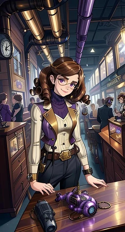 Prompt: SFW, ((SFW Image Only))), Same Composition, Perfect Composition, (((Toy Market))), Steampunk Toys On Desk, (((Top Curls))), Brass Tinsels,  (((Mahogany Colored Very Curly Hair Only))), Older Face, Dark Brown Hair, Older Aesthetic, Safe, (((Safe For Work Body Only))), G Rated Art, Steampunk Aesthetic, 2D Style, Sketch, (((Cel Shaded))), Intricate, Very Minimalistic, Light Purple and Slate Aesthetic, Two Colored Exosuit Outfit, Toy Factory Background, Vest Coat, Regular Pose, Longer Curls Only, Very Curly Hairstyle, Futuristic and Classic Steampunk, (((Mr. Magorium's Wonder Emporium 2007 Movie Inspired))), Grown Woman Only, Solo Only, Portrait, 1Woman, 1Adult, One Fully Clothed Lovely Looking Woman In Picture, Fantasy Glasses, Intelligent Looking, (((Emma Watson Inspired, Caucasian, Alternative Looking, Mahogany Hair, Purple Eyes Only))),  Happier Aesthetic, Steampunk Inventor, Toyland Retroville Aesthetic, Toy Factory, Happier Looking, General Audience Content, (((Very Wholesome Looking Only))), Lively, Joyful, Colorful, Vivid, Jules Verne Inspired, (((Steampunk, Aesthetic Background, Solo Only))), Steampunk Knit Sweater, Perfect Hair Composition, Long Curls, Bow, Longer Hair, Smile On Her Lips, Teeth Showing In Smile Only, Wholesome Smile, Full Body, Lusher Face, Happy Face, Twenty Two, 22 Year Old, Lovely Looking Cute Animation Style, Adult Female Composition Only, Very Happy Looking, Relaxed Looking, Pretty,  Grateful Looking, Joyful Looking, Heartwarming, Smiling, British Looking, Very Happy Looking, Proper Face, Youthful, Retro Futuristic, Molly Mahoney Character Inspired, Tougher Looking, Cute Smile, Wearing An Exosuit Sweater, Slighter Frame, Some Gold On Outfit, Jules Verne  Inspired Outfit, Geared Outfit, Azure Clothing, Bow, Steampunk Wristbands, Turtleneck Undershirt, Medium Waist, Young Face, Lithe, Flatter Chest, Medium Waist, Low Waist, Correct Hands,  Curly Hairstyle Only, Cute Hairstyle, Interesting, Bangs, White Woman, Belt and Buckle, Looser Trousers, Old School Footwear,  Fantasy, Colorful