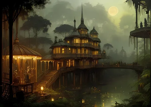Prompt: Nobody In Background, Lush, Lavish, High Contrast, Junglepunk X Steampunk, Ewok City, Evening Sky, Watercolor, Jules Verne Inspired, Night, Village Skyline, Vibrant, Warm Looking Aesthetic Hues, Campfire, Stick Houses, Brown Houses in Background, Beige and Yellow Aesthetic, Watercolor Aesthetic, Brushstrokes, Trees, Jungle, Large Trees, Jungle Inspired Bridge, Huts, Victorian, Interesting, Junglepunk Aesthetic, Steampunk Brass Tinsels,  John Atkinson Grimshaw Oil Painting Aesthetic, Made By Squirt_rash_24.  