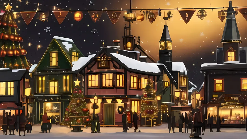 Prompt: Steampunk, Christmas market, Steampunk Ireland City, No Words on image, Fantasy City, Gray Orange and Brown Steampunk Houses, Flags on Steampunk Christmas houses with chimneys, Christmas night time, Colorful Christmas Trees, colorful, Steampunk Victorian Candlestick, Clocks