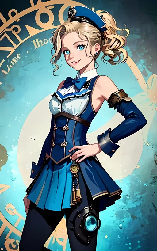 Prompt: SFW, Portrait, 2D Style, Steampunk Aesthetic Background, Hands Should Be Lowered, She Needs To Look Like The Output Image, She Must Have a Big Cute Skirt, Looking At Viewer, Classier Look, Arm Sleeves, Legs Fully Covered, Big Dress Skirt Only, Leggings, Double Stockings On Legs, Cute Animation Style, Cute Victorian Exosuit, Western Animation Style, One Young Woman In Picture, Happier Looking, Joyful, Smiling, Teeth Showing In Smile, Bow In Hair, Watergirl, Full Steampunk Brass Suit With Larger Steampunk Brass Skirt, SFW Body, Very Adorable, Olivia Holt Inspired, Full Lips, Detailed Face, Same Composition, Perfect Composition, Caucasian Skin Profile Only, 20 Year Old, Cuter Animation Style, Colorful, Lush, Lavish, She Should Look Like The Output Image, Steampunk X Seapunk Oceanpunk, She Should Look a Lot Like Olivia Holt, Navy Blue and Azure Colored Outfit, Short Ponytail, Hyperstrike Attack Mode, Follows Prompt Exactly, Same Composition, Small Chest, Water Demigod Inspired, Percy Jackson Inspired, Sea Maiden Inspired, Poseidon and Neptune Inspired, Caucasian, Blonde Medium Hairstyle, Cheerful, Azure Eyes, Lovely Looking, With a Cute Smile, Sweet, She Has a Stockier Build, Small Chest and a Cute Body, Stockier Body, She Should Look Like a Human Being, Bigger Boned, Her Upper Body Strength Can Be Best Represented By Her Broader Shoulders, She Is Incredibly Proficient At Swimming As Well As Running On Land, She Has Thicker Arms and Body Contours Which Outline Her Interesting Womanly Figure, She Has a a Powerful Core on Her Stomach, Her Lower Body Strength Can Be Best Represented By Her Powerful Legs, Which Is Used For Proficient Running and Swimming, She Has Lots Of Fighting Skills, and Is a Strong Female Lead, Made By Squirt_rash_24.