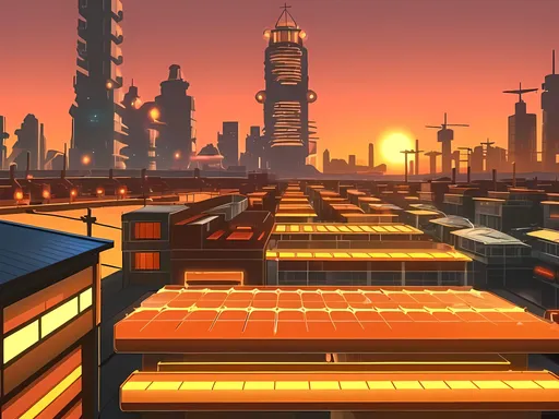 Prompt: Sunyshore City Sinnoh Inspired, Solar Powered Retro Futuristic City, Burnt Orange and Brown Tones, Solar Panels On Houses, Seaport, Made By Squirt_rash_24.