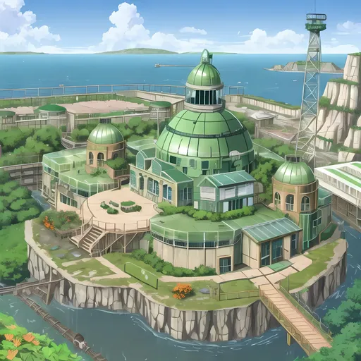 Prompt: Verdant Dieselpunk Conservation Oceanside Eco Facility, Soft Dieselpunk, Rustic, Colorful, Green Dome, Greenhouses, Stone Slab Quarry Next to Water, Cell Tower, Observatory, Orange and Green Shades, Orange Flowers, Daisys