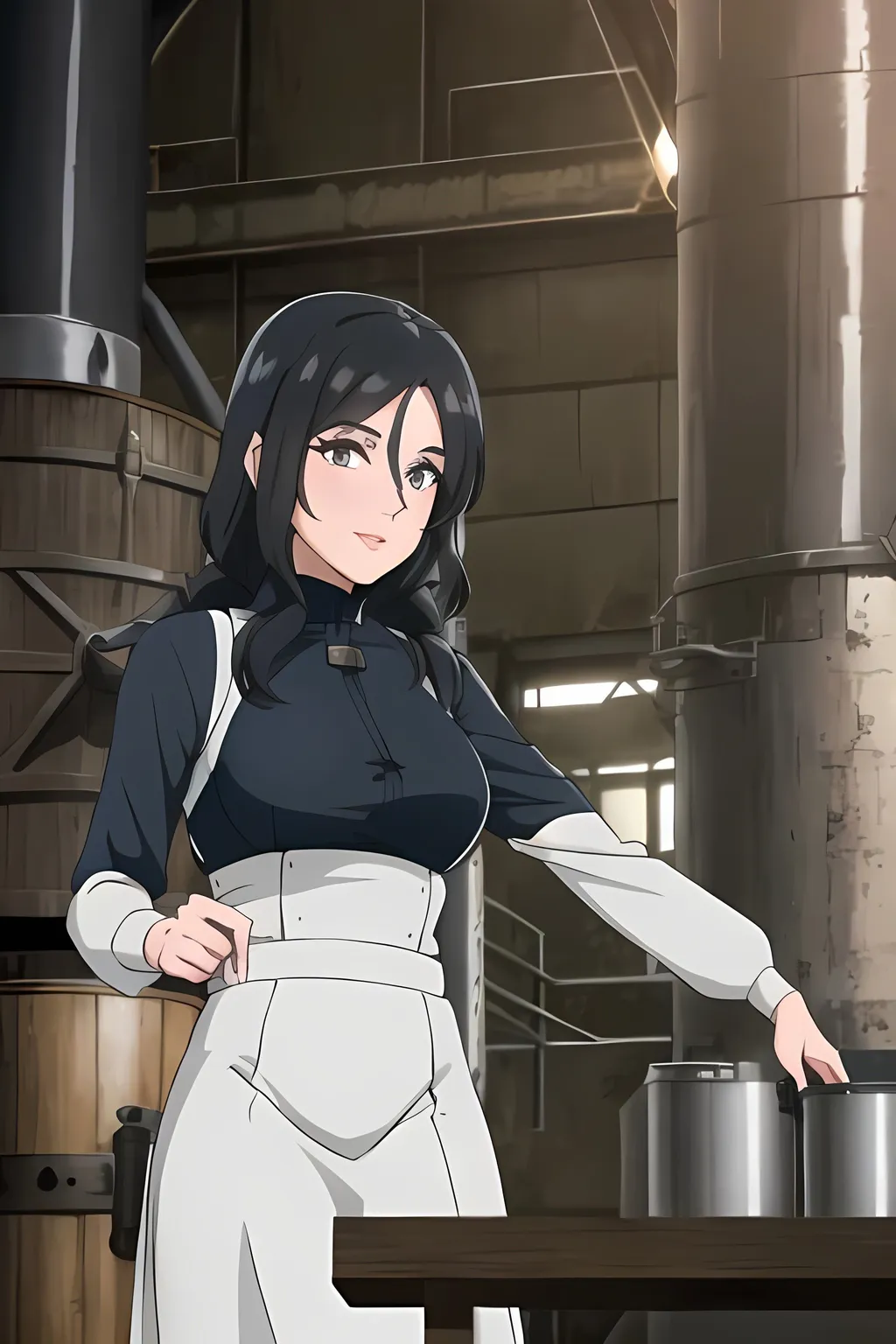 Prompt: Inside a Silo and Grist Mill, Edwardian, Adorable Older Woman, Joanna Gaines Full Lips Detailed Face Inspired, Jet Black Hair, Interesting Complexion, Black Eyeliner, Dieselpunk, Wearing a Dark Blue Business Casual Top and White Skirt