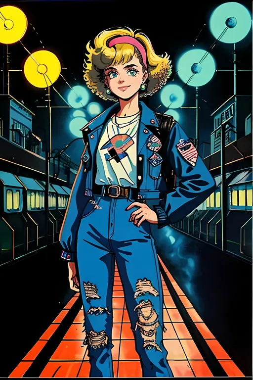 Prompt: SFW Only, Pistons, Boilers, Retro Tower, Furnaces, Floor Panels, Heavy Metal Aesthetic, Lavish, Modern Animation Style, Dieselpunk Only, 1980's, Portrait, One Woman In Picture, More Fantasy Looking, Sadie Sink Inspired, Heartwarming, Same Composition, Perfect Composition,  Aesthetic Dieselpunk Carnival Arcade City Skyline, Roads, Shuttles, Neon Lights, Dieselpunk Aesthetic Only, Nickelodeon Show Inspired, Lit Up Tower, Hillwood Nickelodeon Style City Background, Nobody in Background, Same Face, Same Aesthetic, Retro Portland Oregon Inspired, Adorable and Charming, Cute Aesthetic, It Should Look Like The Output Image, Dieselpunk X Retrowave, Grainy, Old School, Stranger Things Inspired, The Outsiders Inspired, Klasey Jones Inspired, Much Tougher Looking Only, Heavy Metal On Outfit, Metal Straps On Outfit, Bold, Beautiful, Inspired Retro Synth Interesting 1980's Background, Hotel In Background, Strobe Lights, 22 Year Old, 1980's Aesthetic, Minimalistic, Follows Prompt Exactly, Oil Painting Inspired, Heartwarming, Standing Up, Small Chest, Full Lips, Detailed Face, Mature Face, Smiling, No Makeup, Metal Gaiter Neck Tube, Wearing 1980's Clothing, a Polka Dot Top, Lithe Body, Medium Curls, With a Very Curly Mullet, Medium Perm Hairstyle, Strawberry Blonde Hair, Gray Eyes, Wearing Retro Clothes, Jean Jacket, Ripped Jeans Pants, Long Jeans, Dark Blue and Red Aesthetic, Bangs, Retro Aesthetic, Caucasian, 1980's Inspired, Made By Squirt_rash_24.   