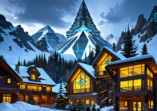 Prompt: Aspen Colorado, Villa, Hotel, Yellow and Ivory Shades, Futuristic Insane Neo-Futuristic Triangular Architecture, Futuristic Cyberpunk Lodge Made Out Of Steel, Cyberpunk, Fantasy, Mountains, Polar Vortex, Near Future, Made By Squirt_Rash_24.