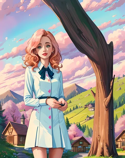 Prompt: SFW, Village Skyline, Giant Unearthly Cabin Cottage Lodges In Background, Boarding School In Background, Outdoors, Pink Skies, Retro Futuristic Village Market Town Skyline Background, Forestpunk, Aetherpunk, Modern Animation Style, Same Composition, Perfect Composition, Wholesome, Portrait, One Young Woman In Picture, Legs Should Be Covered, Rainbow Iridescent Ombre Hair, Kathryn Newton, Happier Looking, Perfect Eyebrow Composition, Content Looking, Green Eyes, Red Lipstick, Colorful, Oil Painting Aesthetic, Grown Woman Looking, Mature Face, Alternative Looking, Peach Hair, Wavy Ombre Hair Only, Village Skyline Background, She Needs To Look Like The Output Image, 27 Year Old, Medium Hairstyle, Caucasian, Full Lips, Detailed Face, Caitlin Trainer Inspired, Cynthia Trainer Inspired, Aroma Lady Trainer Class Inspired, Academia Inspired, Harry Potter Inspired, Caucasian, Fantasy, Dark Red Sneewittchen Buttoned Dress, SFW Body, Perfect Hand Composition, Slim Legs, Perfect Leg Composition, Magestic