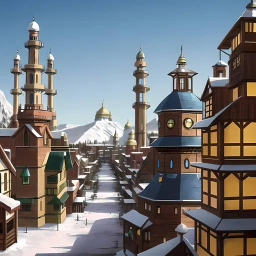 Prompt: Lush, Lavish, Nobody In Background, 1800's Victorian Steampunk Fantasy Indian and Nepali Town Inspired, Colorful Pokemon Inspired Town, Homely Looking Small Town, Retro Futuristic, 1800's Style Architecture, Village Market Town, Snowy Landscape, Snow On Ground