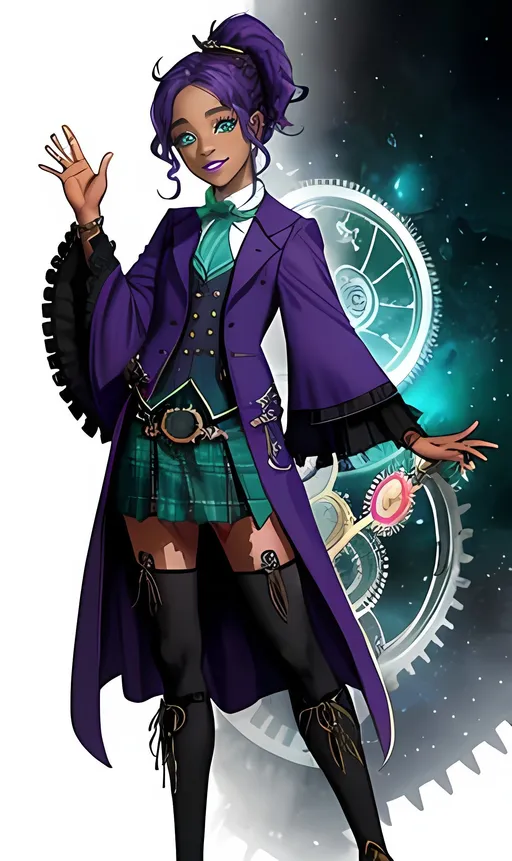 Prompt: SFW, Black Woman Only, Otherworldly Steampunk Ireland Aesthetic Background, Same Hairstyle, African Descent Features, She Should Look a Lot Like Amandla Stenberg, Full Lips, Detailed Face, 25 Year Old, Grown Woman, Lusher Face, Purple Long High Straight Flowing Bushy Ponytail, Purple Hair Only, Bangs, African Descent, Light Brown Skin, Protagonist, Wearing a Jules Verne Inspired Teal Green and Purple Traditional Gaelic Cloaked Mantle, Kilt On Outfit, Wearing Double Stockings, Determined Female Leader With Cute Smile, One Young Woman in Picture, Fairy Inspired, Ballet Inspired, Fully Clothed, Green Eyes Only, Steampunk, Gears, Endearing, Quirky Smile, Fantasy, Colorful, Obsidian Accents and White Accents on Outfit, Playful, Highly Detailed, Gears on Body, Slim Body, Slim Legs, Made By Squirt_rash_24.
