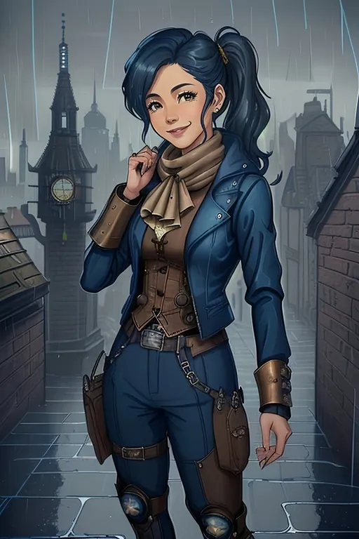 Prompt: SFW, (((Safe For Work Image Only, Safe For Work Style, Safe For Work Clothing, A Safe For Work Image))), Same Style As Output Image, (((Slate Gray and Dark Blue Stone Steampunk Looking Architecture))), (((SFW Style, Sketch, 2D Style, Cel Shaded, Classic Steampunk Only))), Futuristic and Classic Steampunk Fantasy, Futuristic Design, Retro Futuristic, Very Wholesome Looking Only, Same Face, Foggy, Wonderous, Marvelous, Steampunk Skyline, Steampunk, Happier Looking, Charming, (((Joyful, Milder Looking, More Fantasy Looking))), Technical, Intricate, Fun, Fantasy 1800's Architechure City, Steampunk Aesthetic, Unearthly Glasgow Scotland Skyline, Labyrinth Cityscape, Gray Aesthetic, Walkways, Slate Brick Road, Ivory Brick Houses, Picturesque, Ivory and Dark Blue Aesthetic, Chimneys, Boilers, Furnaces, Pistons, Scotland Inspired, Retro Futuristic, (((Rainy, Modern Animation Style))), Same Composition, Perfect Composition, (((Very Wholesome Looking Only, Solo, Proper Face))), Portrait, 1Woman, One Woman In Picture, ((Covering Herself, Slighter Frame, Well Maintained Physique))), Fully Clothed Only, Nerdier Looking, Brass Steampunk Apparatus, Steampunk Ninja Inspired, Jules Verne Inspired Light Jacket, Windbreaker Down Jacket Inspired Steampunk Fantasy Jacket Only, White and Dark Blue and Ochre Technical Exosuit Jacket, Aesthetically Pleasing, Geared Outfit, Technical Scarf, Gaiter, Looser Baggier Clothing, Trousers, Wavy Flowing Ponytail, Perfect Hair Composition, Dark Blue Hairstyle Only, (((Katie Leung Inspired, Happier Looking, Alternative Looking, Full Lips, Detailed Face, Cute Smile))), Teeth Showing In Smile, Very Feminine Looking, (((Colorful Oil Painting Aesthetic With Dark Blue Aesthetic))), Grown Woman Looking, Perfect Hands, Mature Face, Village Skyline Background, Very Feminine Looking, (((She Needs To Look Like The Output Image))), She Should Look a Lot Like Katie Leung, (((Twenty Two, 22 Year Old))), Medium Waist, High Waist, Lana Trainer Inspired, Wavy Medium Hairstyle Only, Lithe, Fantasy 