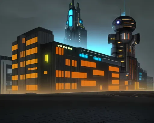 Prompt: 22nd Century, Colorful, DOKK1 Aarhus Inspired, Dieselpunk Retro Futuristic Fantasy Building, Dusk Night, Same Composition, Same Aesthetic, Orange and Slate Aesthetic Building, Made By Squirt_rash_24.
