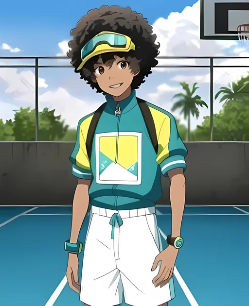 Prompt: SFW, Sportspunk (Made Up Genre) X Y2k, Modern Animation Style, Wholesome, Summertime, Happier Tone, More Comedic Animation Style, Ben 10 Animation Style, One Young Adolescent Male In Picture, Bow Wow Singer Inspired, He Needs To Be Wearing a Visor, Colorblocking Outfit, Visor On Afro Only, Backyard Basketball Video Game By Humongous Entertainment and Atari Inspired, Dante Robinson, Full Lips, Detailed Face, Big Smile On His Lips, Adolescent Basketball Player, Cute Adorable Face, Mid 2000's, Nostalgic, African Descent, Melanin, Brown Skin, Big Afro and Black Colored Eyes, Wearing Sports Goggles, Teal Sun Visor, Gold Track Jacket, Undershirt, Nostalgic Interesting Basketball Court Scenery, White Basketball Shorts, Jacksonville Jaguars Teal and Yellow Aesthetic, Tougher Looking, Shorter Body, Made By Squirt_rash_24.