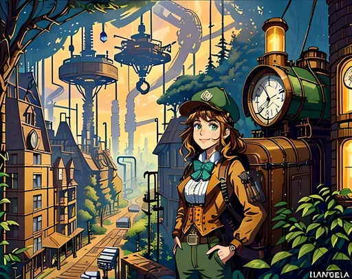 Prompt: SFW, (((Safe For Work Image Only, SFW Only, Western Animation Style Only, Very Wholesome Looking Only))), Wonderous, Marvelous, Exciting, Woodlands, G Rated, General Audience Content, Rated E, Safe, (((SFW Body Only))), American Cartoon, Same Background, Lush, Lavish, Colorful Oil Painting Only With Orange and Brown Aesthetic, Steampunk, Forestpunk, Colors Bursting, Steampunk Aesthetic Background, 2D Style, Cel Shaded, Modern Animation Style,  (((Same Composition, Perfect Composition))),  Perfect City Composition, Steampunk City Background, Very Intricate Factory In Forest, Nature Conservation Facility, Factory, Steampunk Factory Aesthetic, Forest Village, Woods, Ingrown Trees, (((Sprawling Steampunk Village Cityscape))), (((Trees))), Market Town Skyline, Sonic's Great Forest Inspired, Orange and Brown Aesthetic, Boilers, Furnaces, Pistons, Very Wholesome Looking Only, Medium Shot Picture, Portrait, Full Body, Solo Only, 1 Safe For Work Woman, 1 Safe For Work Adult Only, One Woman In Picture, SFW Facial Composition Only, (((Older Maiden Looking, 23 Year Old))), Grown, Strong, Smiling,  (((She Should Look a Lot Like Daniella Monet, Medium Very Wavy Hairstyle, Green Eyes, Sidelocks, Alternative Looking, Full Lips, Detailed Face))), Copper Colored Hairstyle, Slighter Frame, Slim,  (((Wearing Ochre Colored Clothing That Looks Like Sport Utility Clothing, Apparatus Backpack On Back Only, Cap, Bowtie))), (((Jules Verne Inspired))),  Rust and Gold Aesthetic On Clothing, Gaiter, Interesting, Friendlier Looking, Sneewitchen Aesthetic, Smiling, Calm, Medium Waist, High Waist, Cargo Pants, Intricate, Colorful, Large Trees, Bridge, Huts, Trestles, Gears, Watercolor Aesthetic, Cute Aesthetic, Perfect Hands, Steampunk Forestpunk Aesthetic, American, Very Feminine Looking, More Fantasy Looking, Pneumatic Tubes, Trestles, Lights, Warm Aesthetic Hues, Milder, Fantasy Buildings, Aesthetically Pleasing, Pipes, Retro Futuristic, Interesting, (((Cartoon Style, 2D Style, Standing On Brick Road, Looking At View)))