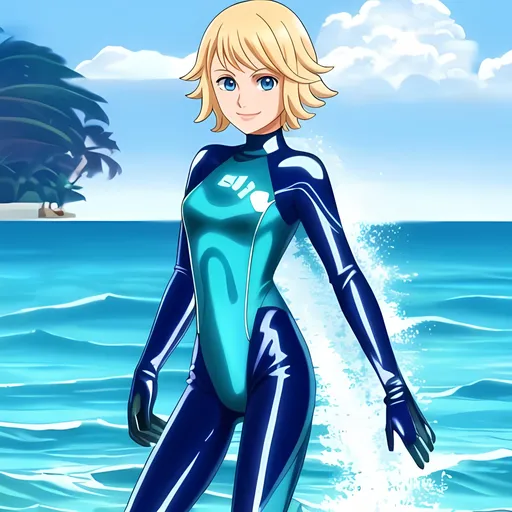 Prompt: SFW, Seapunk Nautical Tropical Hawaiian Bay, Lush, Lavish, Vivid, Colorful, Tropical Aesthetic, Laguna Background, 1 Young Woman in Picture, Grown Woman, Same Composition, Perfect Composition, AnnaSophia Robb, Wavy Seapunk Hairstyle, Wearing a Futuristic Looking Wetsuit, Pants On Legs, Full Lips, Detailed Face, Futuristic Aesthetic, Hawaiian Aesthetic, Blue and Green Shades, Interesting, Caucasian, Adorable, Short Blonde Hair, Smiling, Vivid Blue Eyes, Wholesome, Recreation, Seapunk Fantssy Surfer, Soul Surfer 2011 Movie Inspired, Lovely Looking, Fully Clothed, 18 Year Old, Slim, Athletic Body, Toned Legs, Cute, Lithe Body, Full Body, Interesting Soul Surfer Inspired High Tech Futuristic Seapunk Surfer, Surfer Aesthetic, Seapunk, Perfect Composition Body, Silver Surfer Inspired, Made By Squirt_rash_24.
