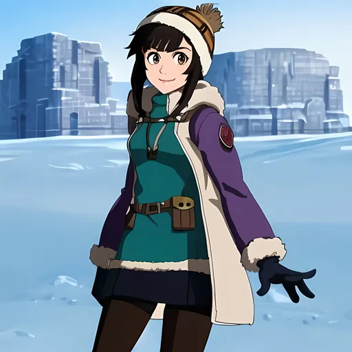 Prompt: SFW, Wholesome, Dieselpunk, Snowy Dieselpunk Inuvik Northwest Territories Landscape, One Young Woman in Picture, Medium Hairstyle, Cute Face, Ben 10 Animation Style, Very Wholesome, Curtain Bangs, Wholesome, Sweet, Smiling, Aboriginal, Adorable, Lovely Looking, Willow Allen, Inuit, She Should Have An Interesting Black Dark Brown Hairstyle Only, She Should Have Hazel Eyes, Full Lips, Detailed Face, Slim and Skinny Build, Exotic Look, Model, Tiktok Star, She Should Be Wearing a Purple Traditional Inuit Coat Outfit With Brown Mittens, Cute Puffy Coat, Legs Should Be Fully Covered With Black Stockings, Ice Climbers Inspired, She Should Be Wearing a Beanie On Her Head, She Should Be Wearing Brown Winter Boots,  Made By Squirt_rash_24.