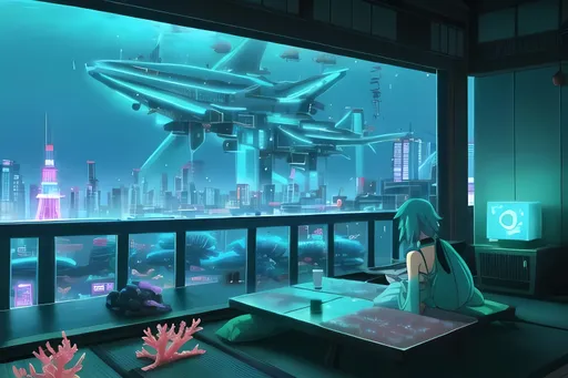 Prompt: Japanese Writing, Seapunk, Retro Futuristic, Mellow, Lush, Massive Fantasy Underwater Neon Seapunk City Skyline Tokyo Inspired, Large Civilization, Reef, Colorful, Coral, Azure and Green Aesthetic,  Underwater Aesthetic, Detailed, Vivid, Nobody in Background, Made By Squirt_rash_24.