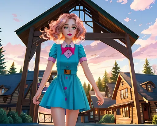 Prompt: SFW, Village Skyline, Insanely Big Roof, Giant Unearthly Cabin Cottage Lodges In Background, 3D Style, Boarding School In Background, Outdoors, Pink Skies, Retro Futuristic Village Market Town Skyline Background, Forestpunk, Aetherpunk, Modern Animation Style, Same Composition, Perfect Composition, Wholesome, Portrait, One Young Woman In Picture, Legs Should Be Covered, Stockings On Legs, Rainbow Iridescent Ombre Hair, Kathryn Newton, Happier Looking, Perfect Eyebrow Composition, Content Looking, Green Eyes, Red Lipstick, Colorful, Oil Painting Aesthetic, Grown Woman Looking, Mature Face, Alternative Looking, Peach Hair, Wavy Ombre Hair Only, Village Skyline Background, She Needs To Look Like The Output Image, 27 Year Old, Medium Hairstyle, Caucasian, Full Lips, Detailed Face, Caitlin Trainer Inspired, Cynthia Trainer Inspired, Aroma Lady Trainer Class Inspired, Academia Inspired, Harry Potter Inspired, Caucasian, Fantasy, Dark Red Sneewittchen Buttoned Dress, SFW Body, Perfect Hand Composition, Slim Legs, Perfect Leg Composition, Magestic