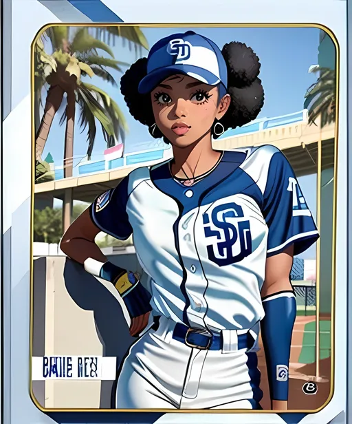 Prompt: San Diego Padres Aesthetic, Tropical Baseball Diamond Background, Colorful, Perfect Composition Afro Puffs, Realistic, Same Composition, Baseball Card Aesthetic, 1 Young Woman In Picture, African American, Stunning, Recreation, Adorable, Heartwarming, Kylie Bunbury As Ginny Baker, Full Lips, Detailed Face, Baseball Player, Very Curly Afro Puffs, Cute Face, Pitch 2016 Show Inspired, Wearing a Dark Blue and White San Diego Padres Jersey, Wearing a Navy Blue San Diego Padres Hat, Slim, Athletic Body, High Waist, Lovely Looking, Grown Woman, Mature Looking, Toned Legs, Perfect Composition, Made By Squirt_rash_24.