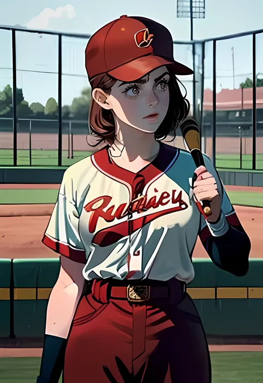 Prompt: SFW, Same Aesthetic, Adorable Face, Different Stance, Hands Straight Down, Libra Scales Logo Aesthetic, Full Body, Standing Up Straight, Peaches Aesthetic, One Young Woman in Picture, Light Red Aesthetic, Edwardian Aesthetic, Libra Scales On Outfit, Medium Hairstyle, Heartwarming, Stunning, Same Composition, Alexandra Daddario as an Old School Baseball Player, In an Old Warehouse Stadium Gymnasium Background, She Is On The Rockford Peaches Woman's Baseball Team, Full Lips, Detailed Face, Lovely Looking, She Has Thick Arms Representing The Power and Accuracy Of a Baseball Player, Arm Countours, Thick Deltoids, Small Chest, Quirky, Cute, Wearing a Rockford Peaches Baseball Dress With Belt, Mature Looking, Wearing Brown Gloves, Holding a Brown Baseball Glove, Wearing a Dark Red Baseball Cap With Libra Scales Logo On Cap, Red and Cream Aesthetic, Baseball Aesthetic, Recreation, Brown Hair Only, Perfect Composition, Interesting, Iconic Looking, Retro Looking, A League Of Their Own Baseball Movie Inspired, When We First Met Movie Inspired, Made By Squirt_rash_24.