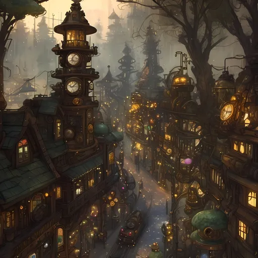 Prompt: Steampunk, (((Same Composition, Perfect Composition))), Intricate, Modern Animation Style, Colorful, Beautiful, Steampunk City Background, Forestpunk, Forest City, Woods, Ingrown Trees, (((Sprawling Cityscape))), (((Trees))), Village Market Town Skyline, Sonic's Great Forest Inspired,  Orange and Brown Aesthetic, Large Trees, Bridge, Huts, Gears, Victorian, Watercolor Aesthetic, Steampunk Aesthetic, Forestpunk Aesthetic, Fantasy, Pneumatic Tubes, Lights, Warm Aesthetic Hues, Fantasy Buildings, Pipes, Retro Futuristic, Interesting, Cartoon Style, 3D Style, Realistic